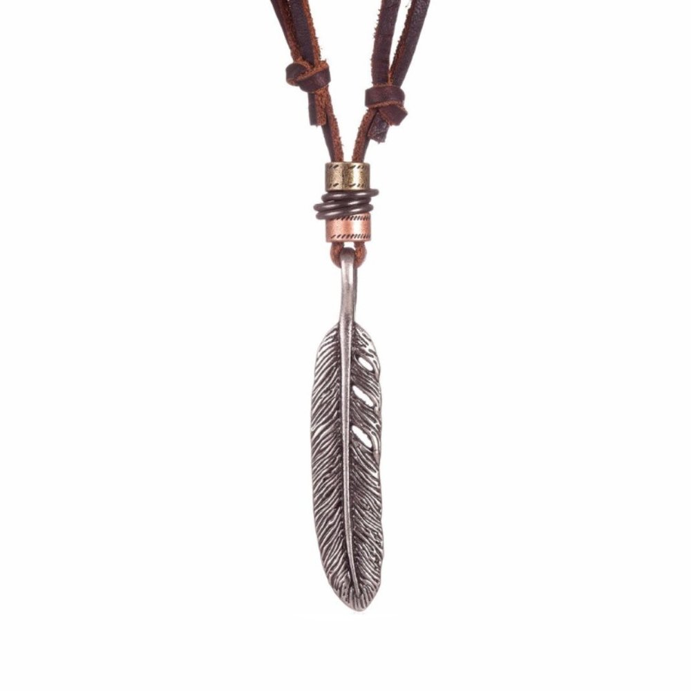 Men’s Feather Pendant Necklace Leather Cord
